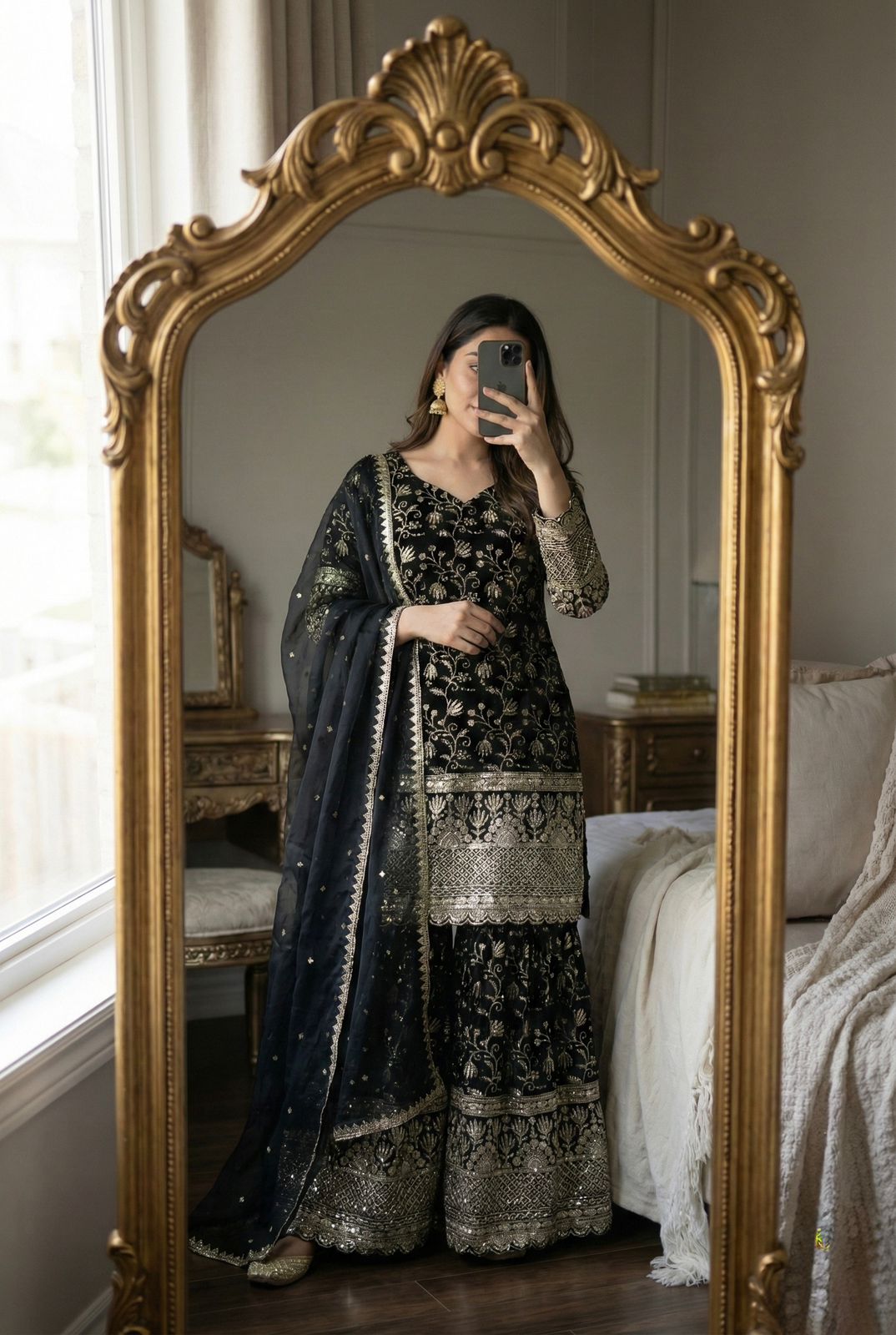 Designer GMY Silk Embroidered Top Sharara Set with Lace Border Dupatta