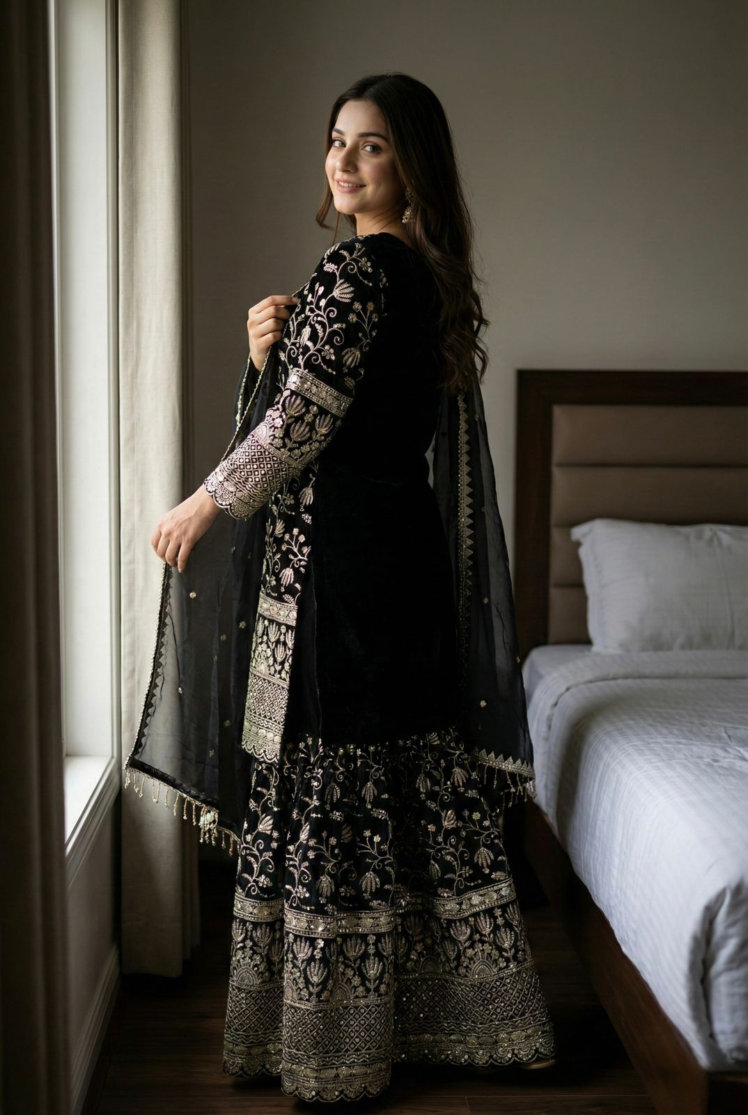 Designer GMY Silk Embroidered Top Sharara Set with Lace Border Dupatta