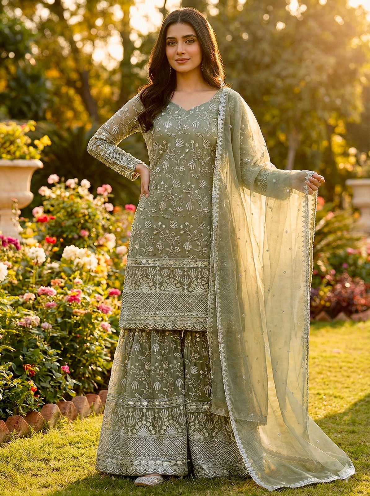Designer GMY Silk Embroidered Top Sharara Set with Lace Border Dupatta