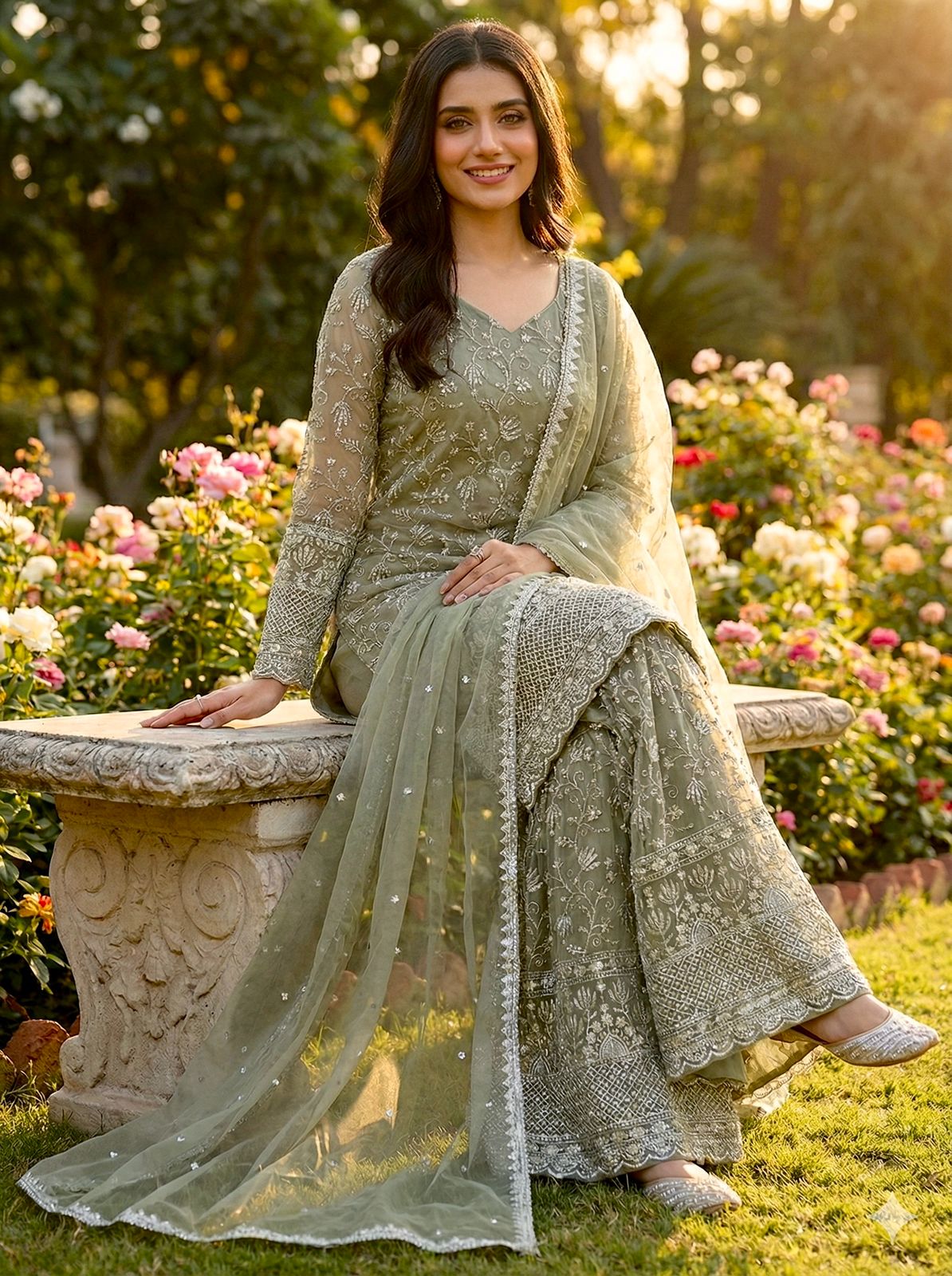 Designer GMY Silk Embroidered Top Sharara Set with Lace Border Dupatta