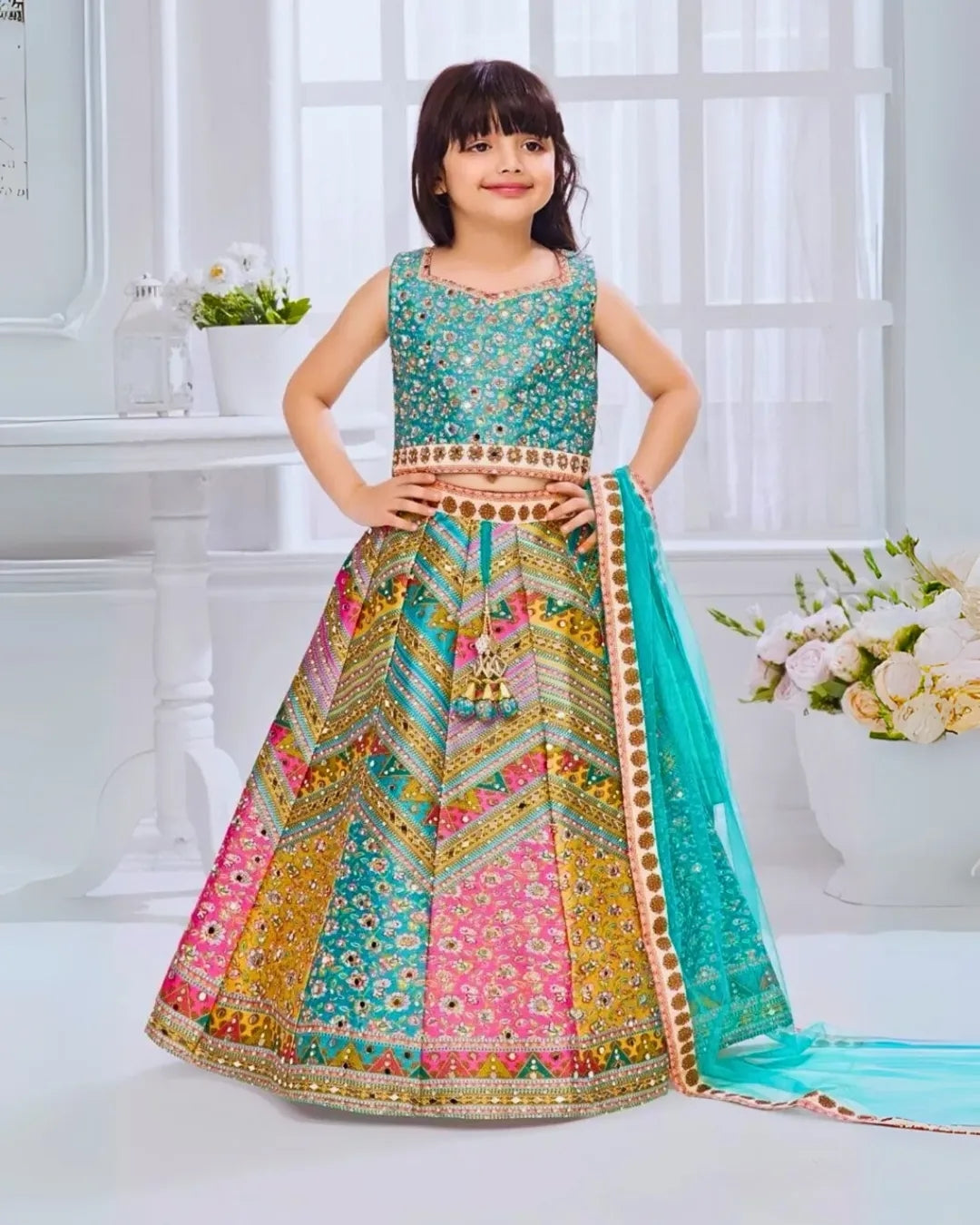 Multicolor Peacock Printed Lehenga Choli Set For Girls