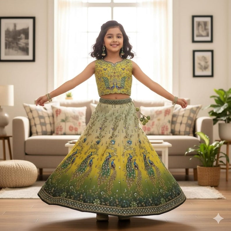 Multicolor Peacock Printed Lehenga Choli Set For Girls