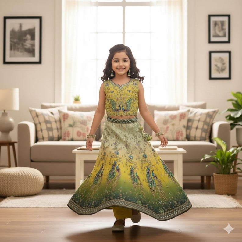 Multicolor Peacock Printed Lehenga Choli Set For Girls