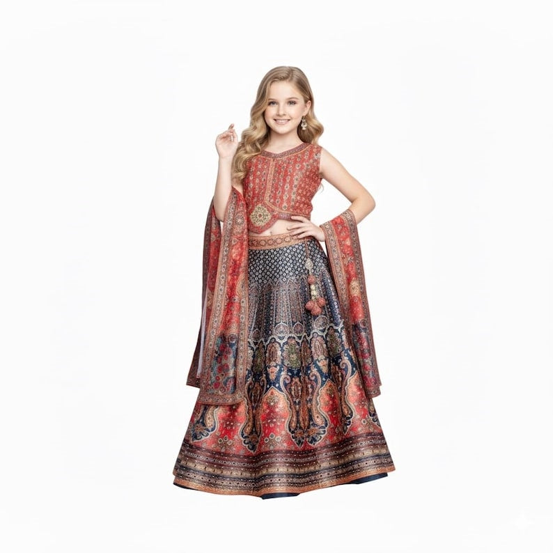 Multicolor Peacock Printed Lehenga Choli Set For Girls