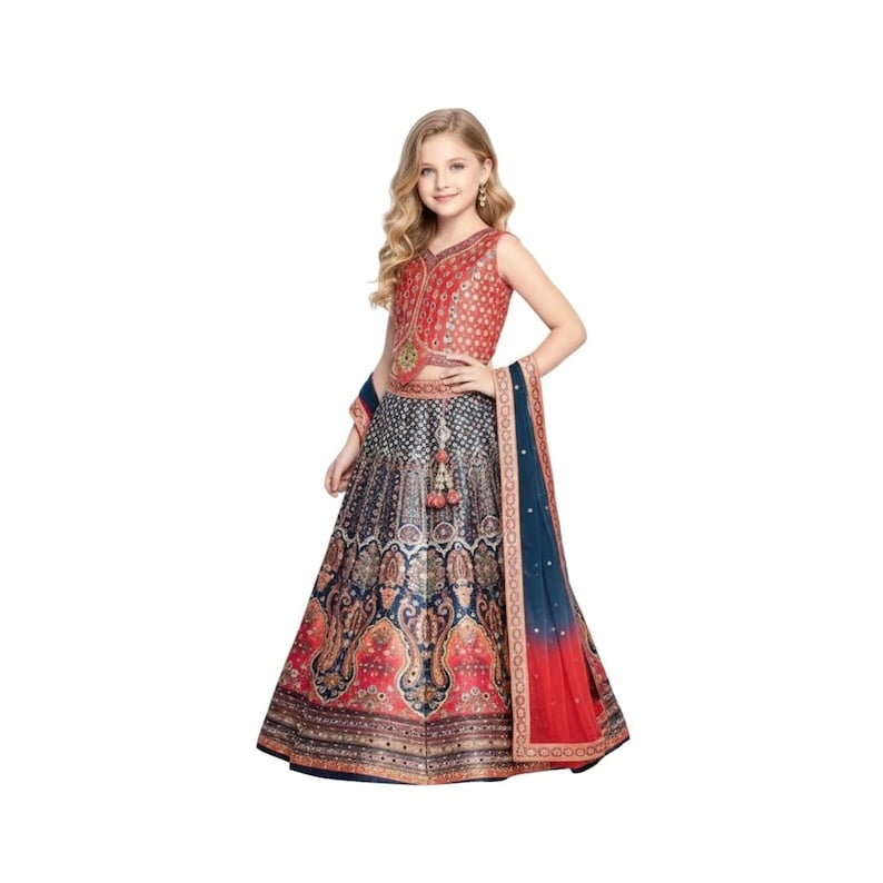 Multicolor Peacock Printed Lehenga Choli Set For Girls