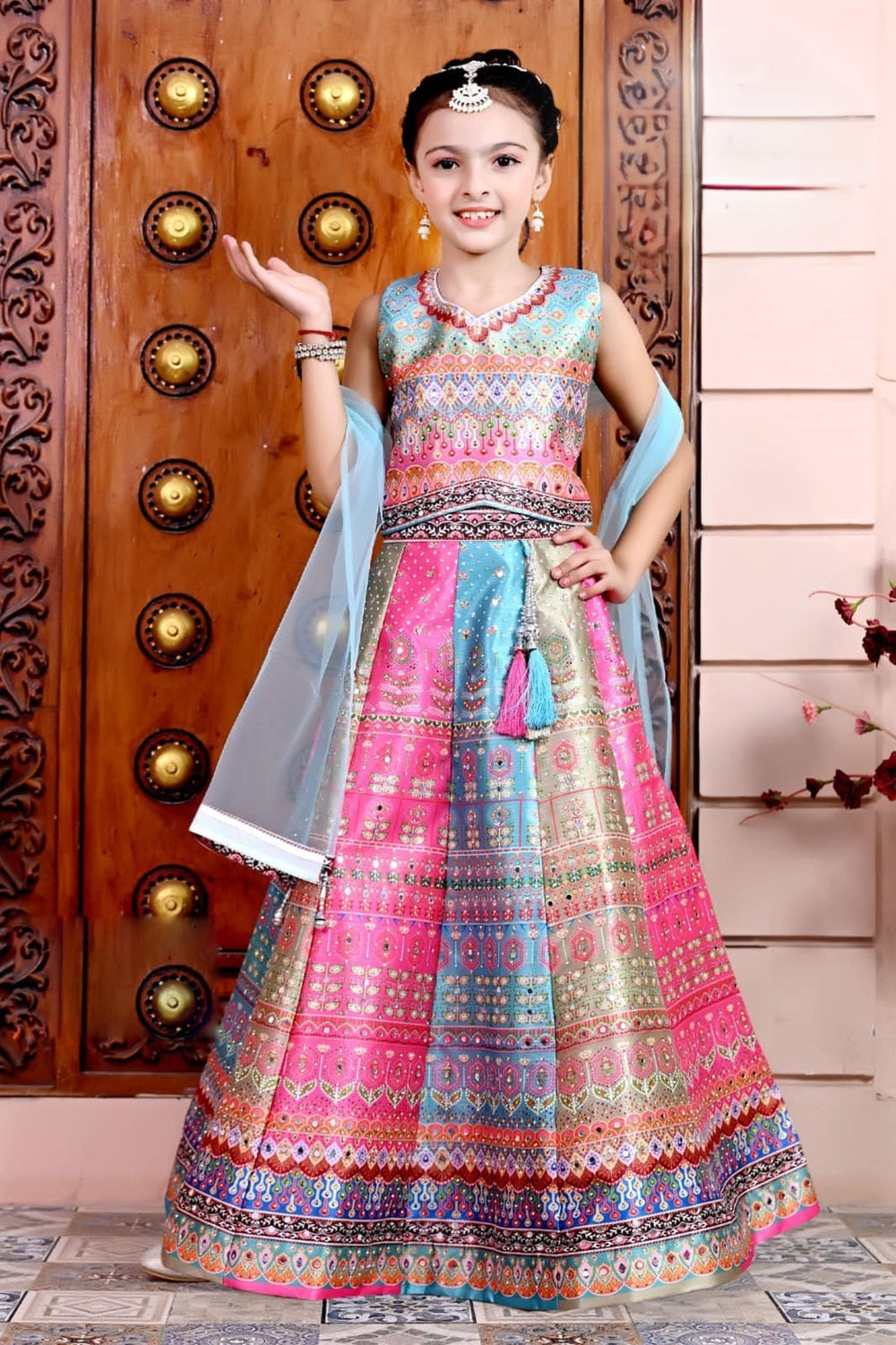 Multicolor Peacock Printed Lehenga Choli Set For Girls