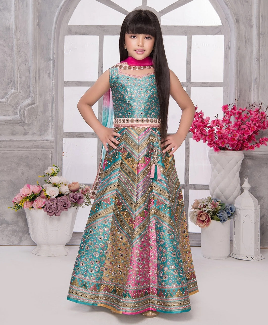 Multicolor Peacock Printed Lehenga Choli Set For Girls
