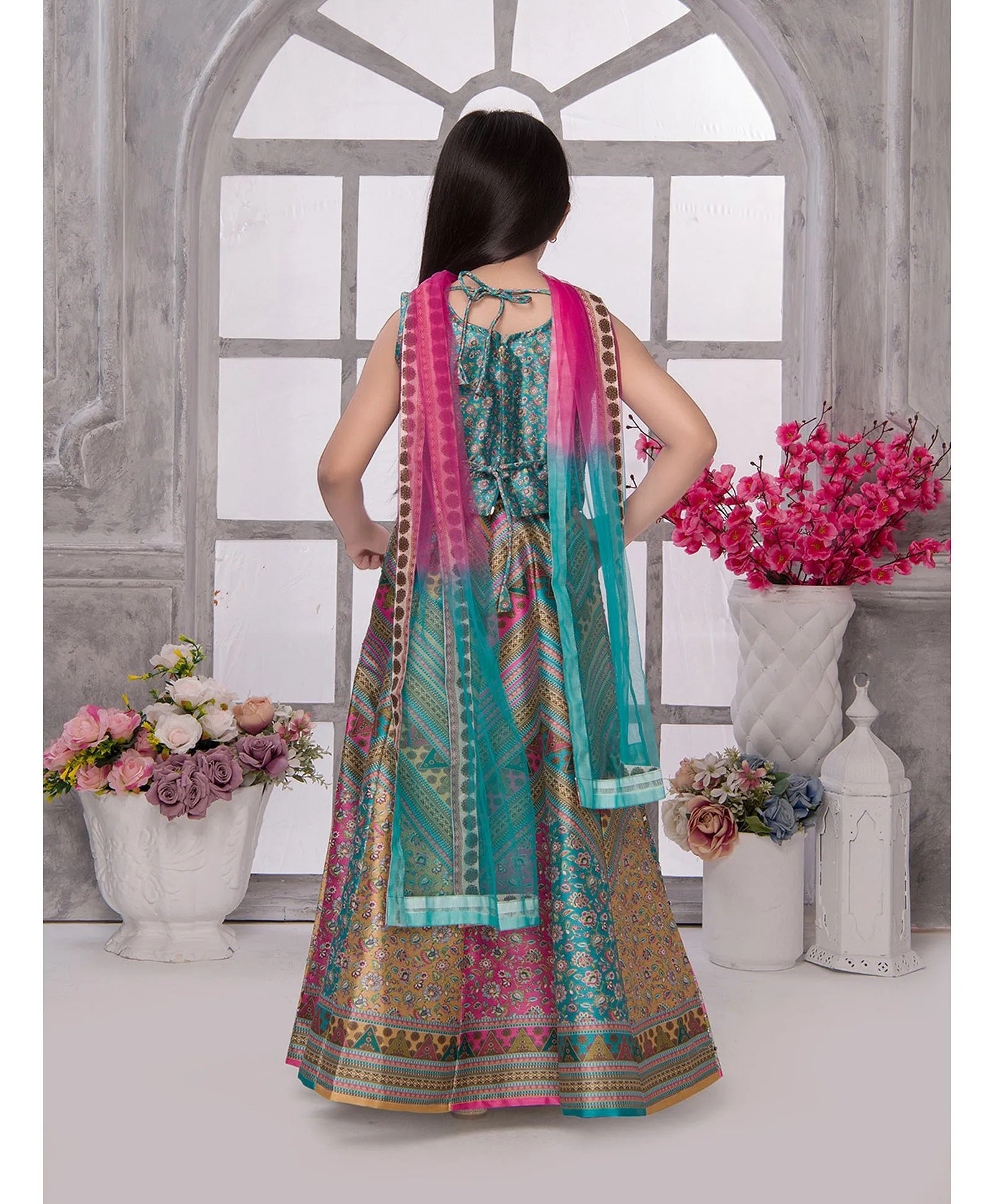 Multicolor Peacock Printed Lehenga Choli Set For Girls
