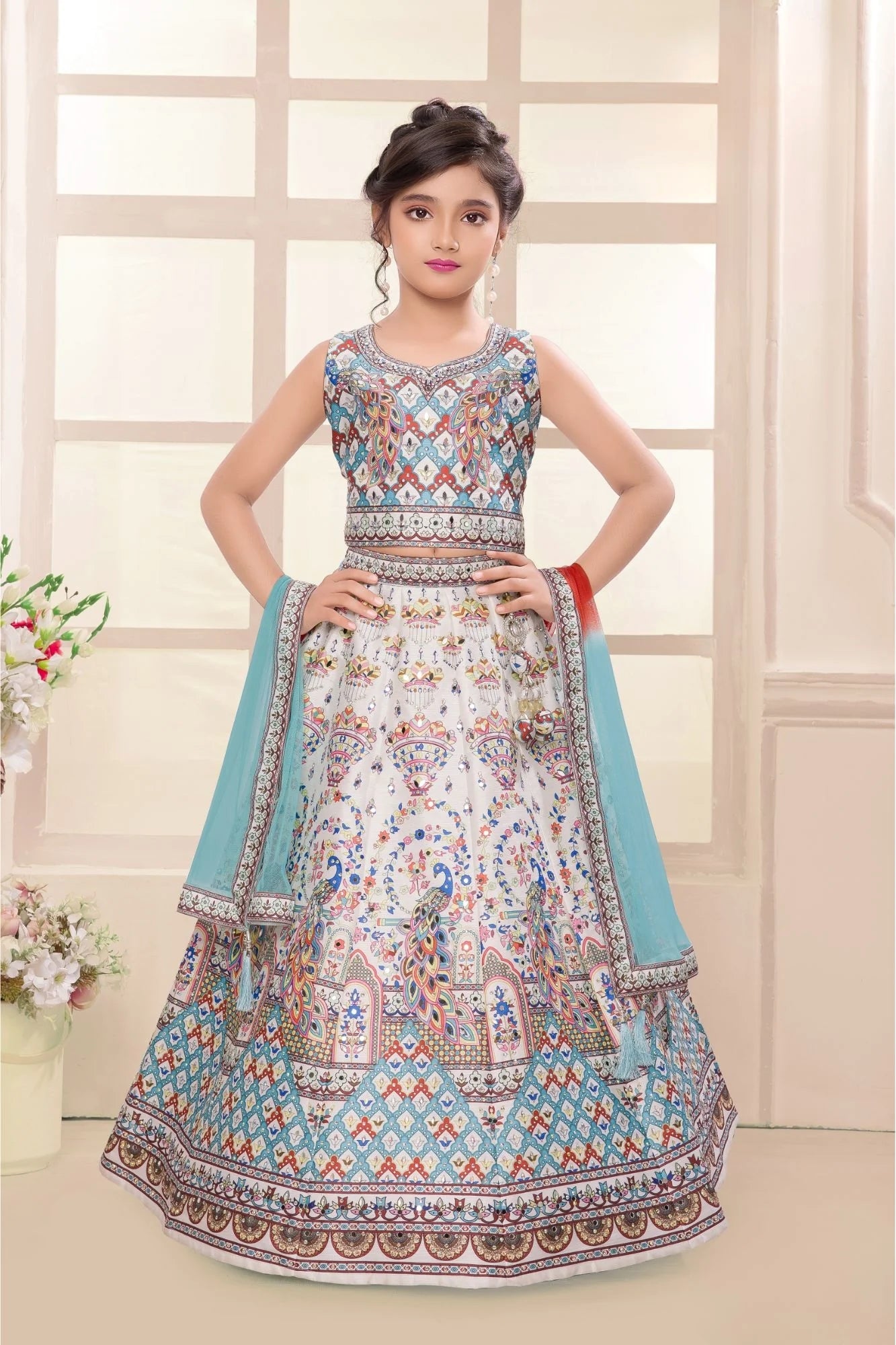Multicolor Peacock Printed Lehenga Choli Set For Girls