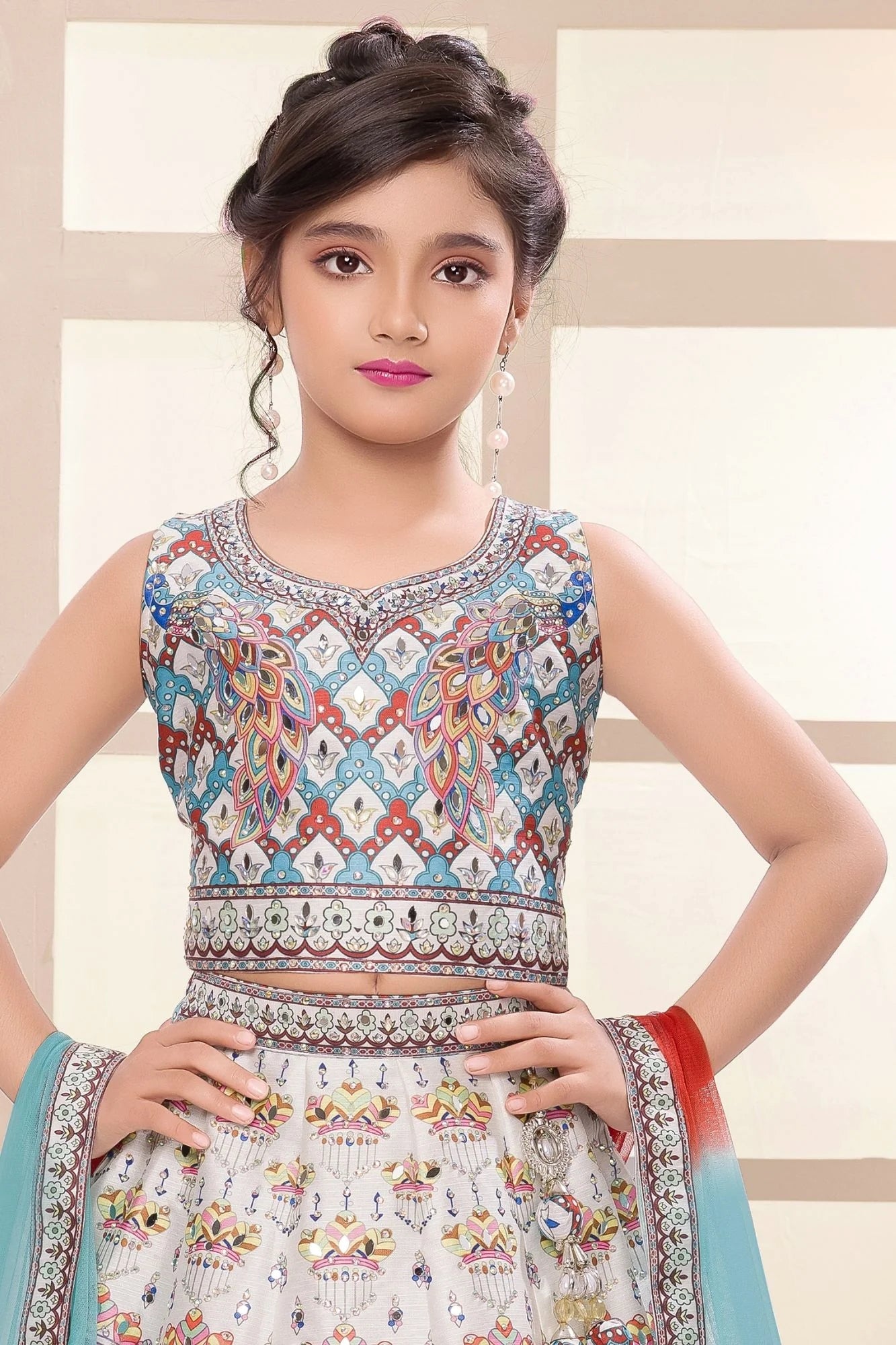 Multicolor Peacock Printed Lehenga Choli Set For Girls