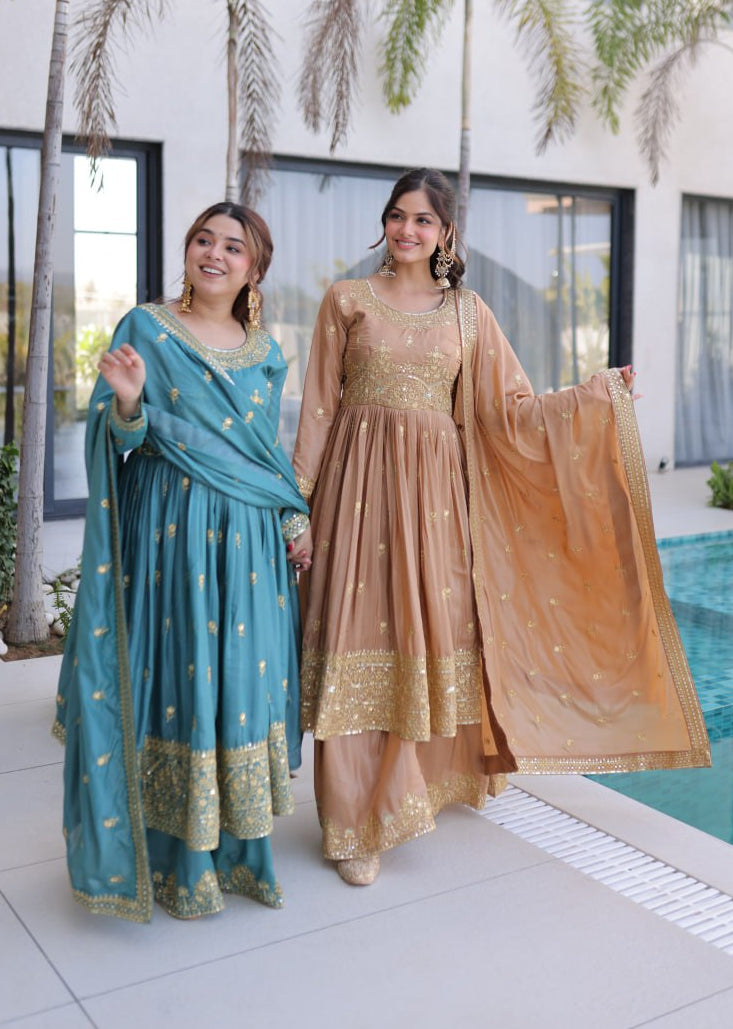 Premium Super Silk Sequin Embroidered Top Sharara Set with Dupatta