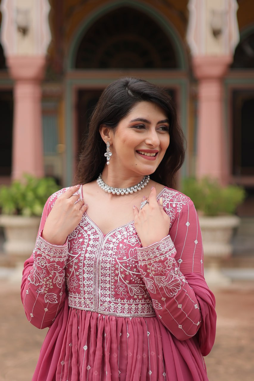 Premium Faux Georgette Sequin Embroidered Kurti Palazzo Set with Dupatta