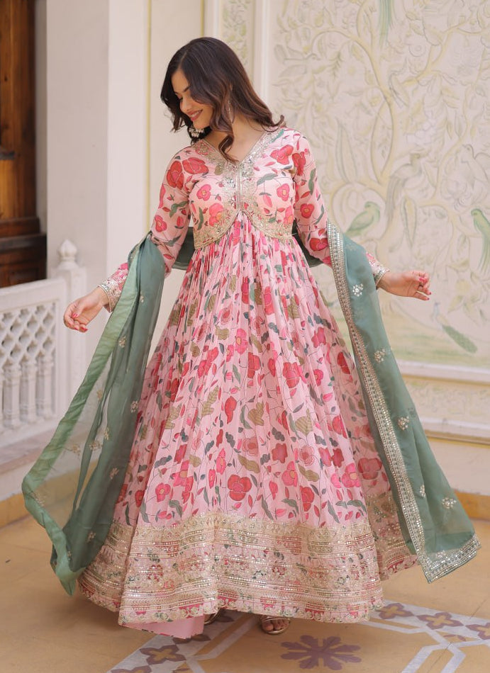 Premium Ready-to-Wear Alia Cut Gown with Dupatta in Digital Printed Russian Silk