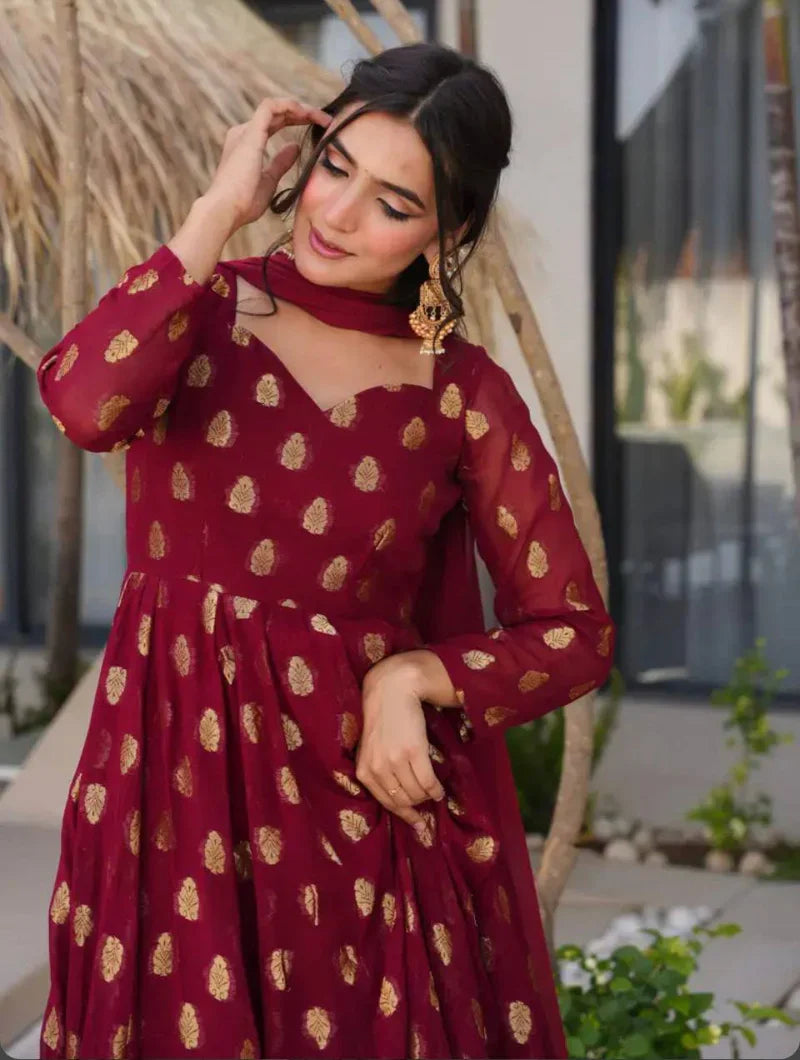 Maroon Heavy Faux Georgette with Embroidery Work n Full Sleeves Anarkali Suit