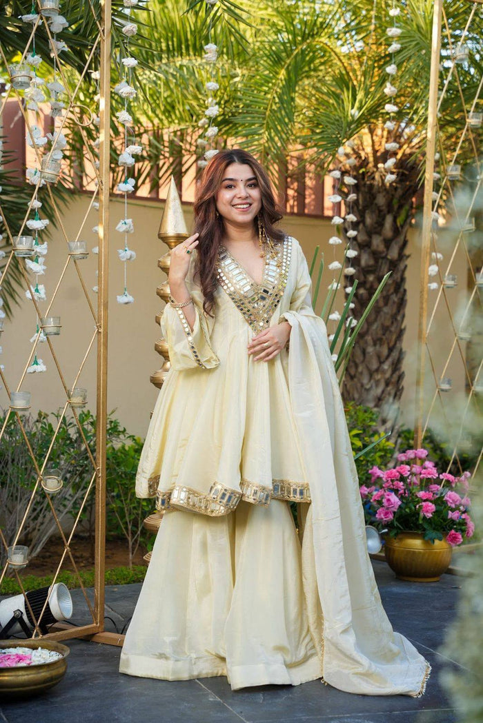 Ivory mirror work ethnic outfit from NKV Fashion