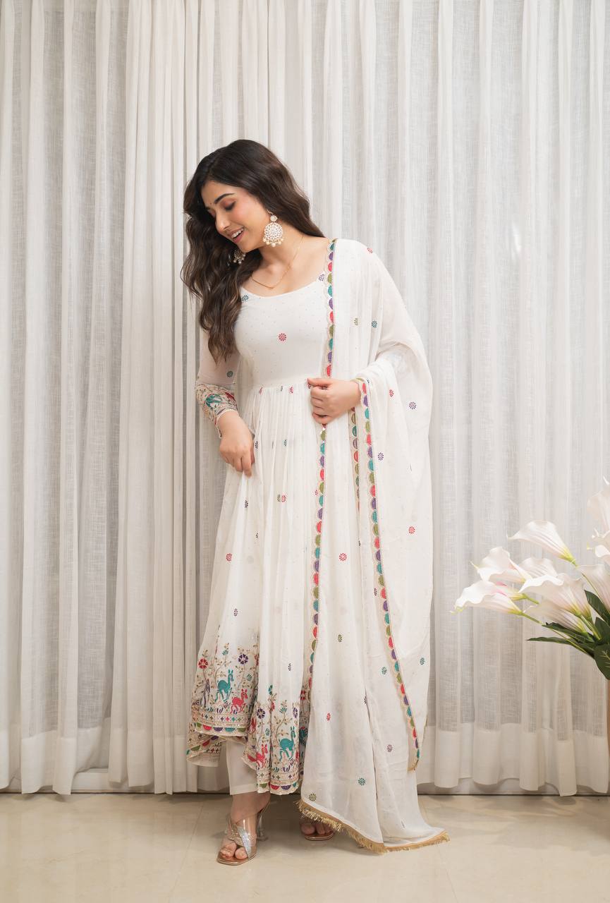 White Designer Partwear Georgette Anarkali Suit Set