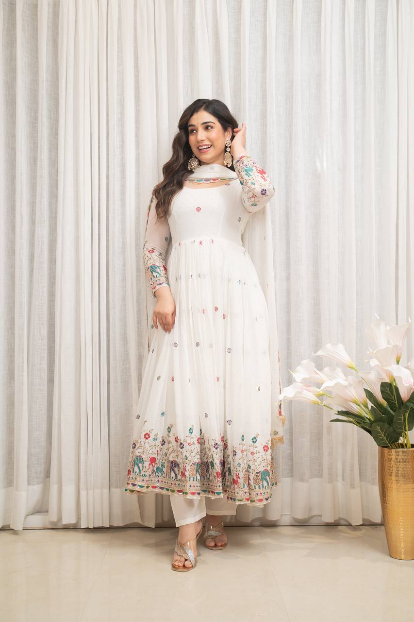 White Designer Partwear Georgette Anarkali Suit Set
