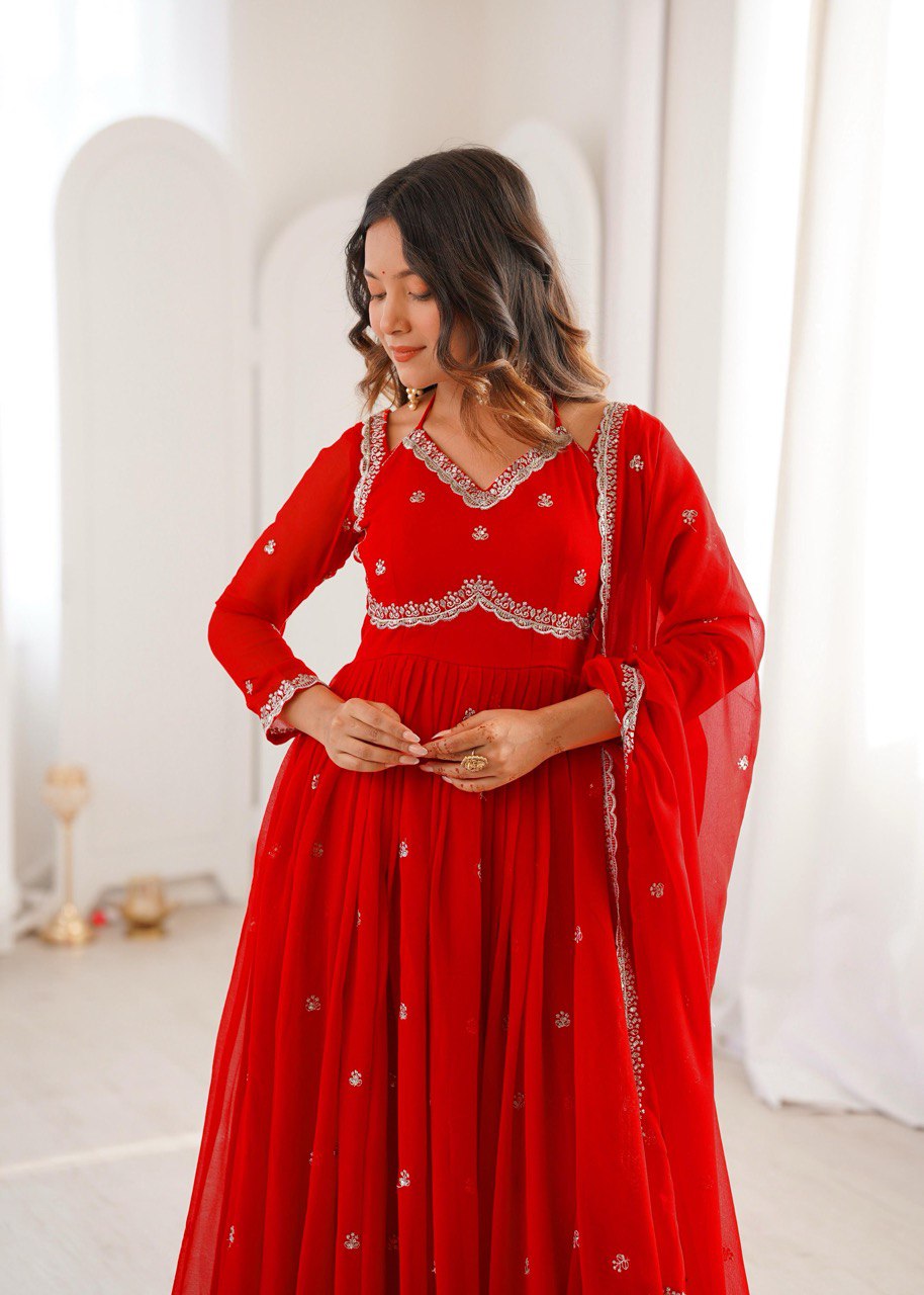 Elegant Georgette Gown Set with Pant & Embroidered Dupatta