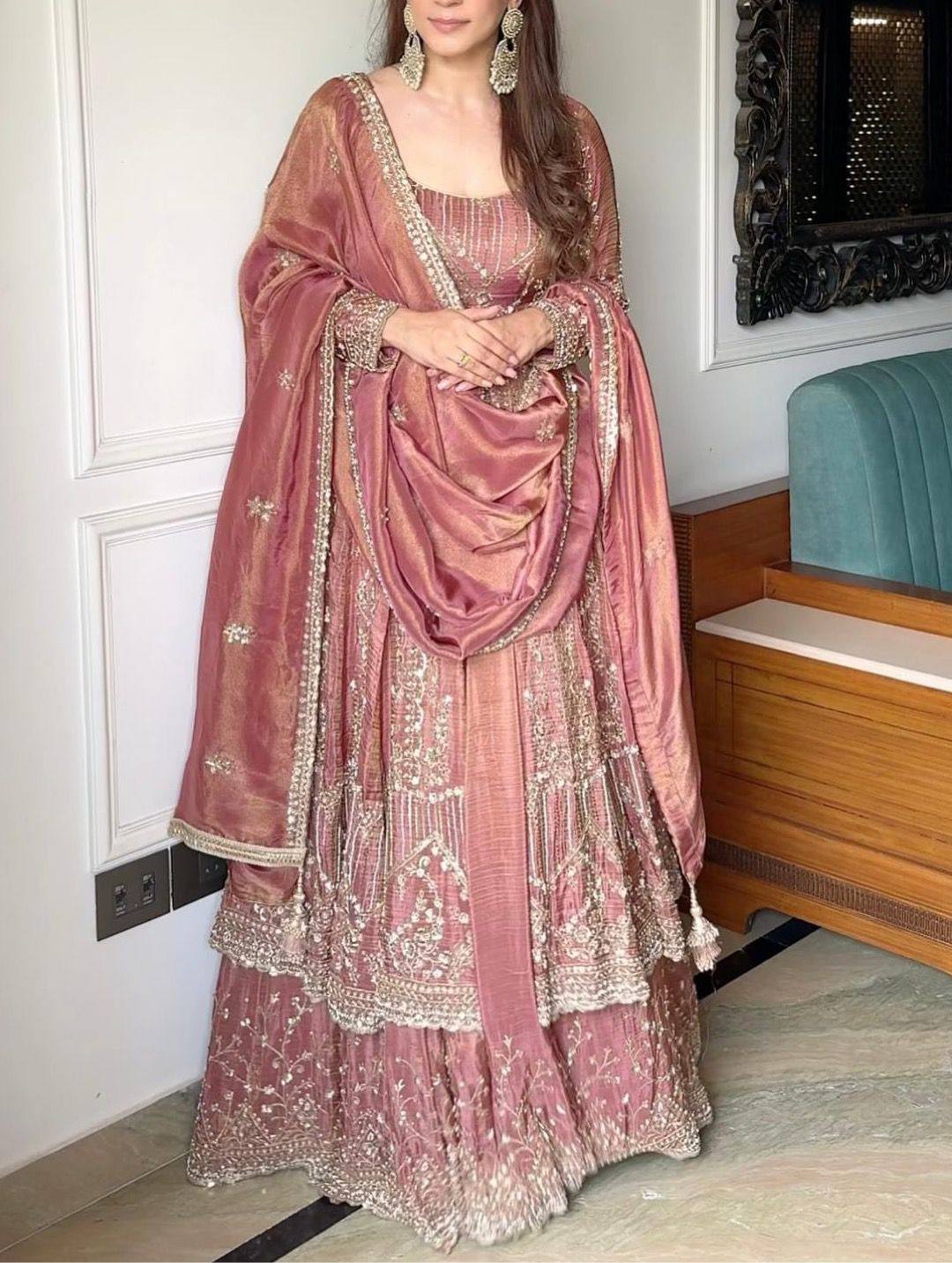 Dusty Anarkali Suit – Tissue Fabric with Zari Sequin Embroidery Work