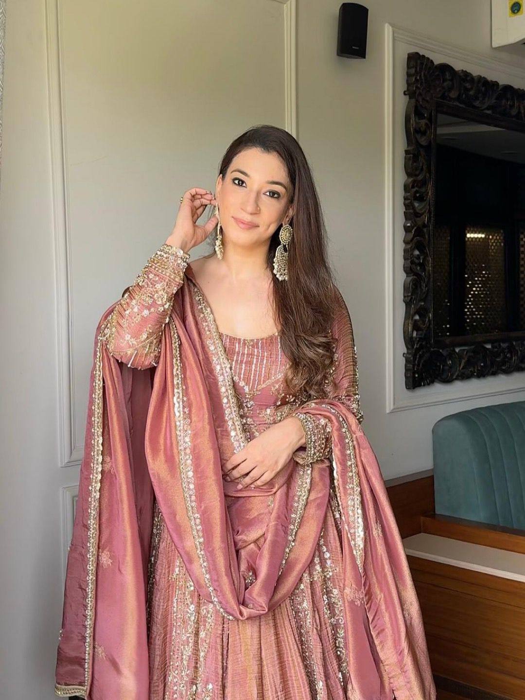 Dusty Anarkali Suit – Tissue Fabric with Zari Sequin Embroidery Work