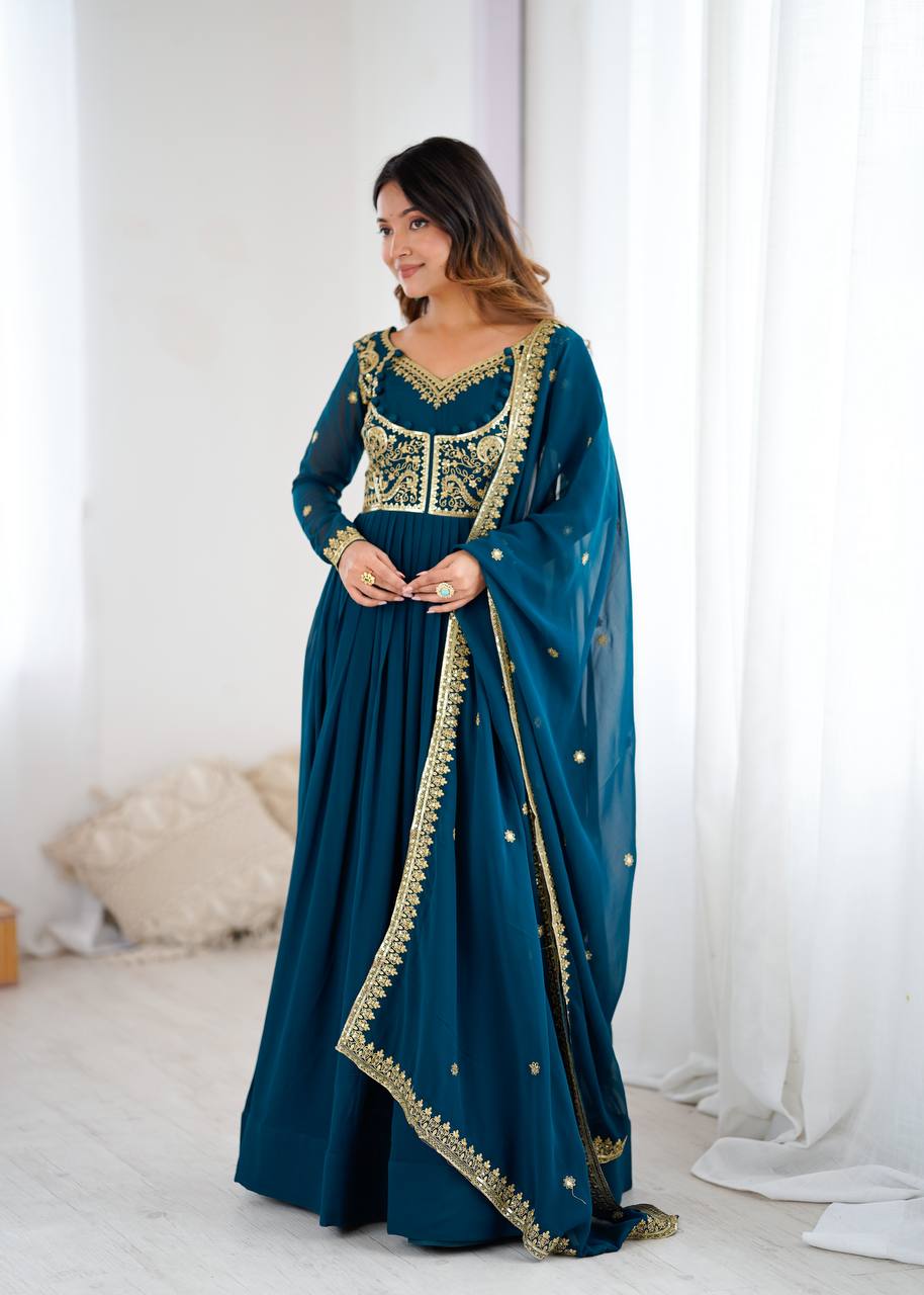 Designer Faux Georgette Suit Set with Pant & Embroidered Dupatta