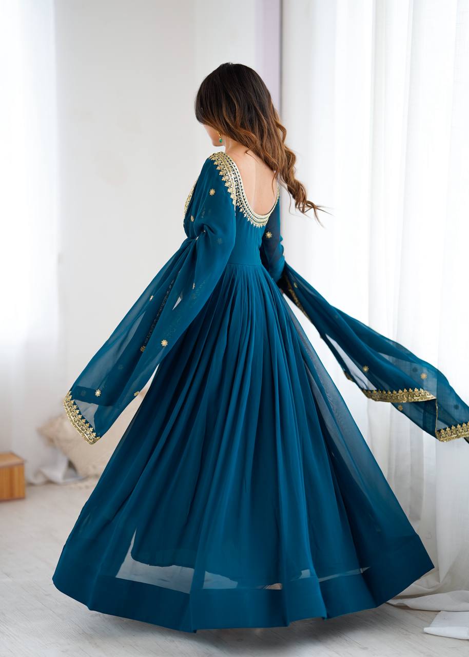 Designer Faux Georgette Suit Set with Pant & Embroidered Dupatta