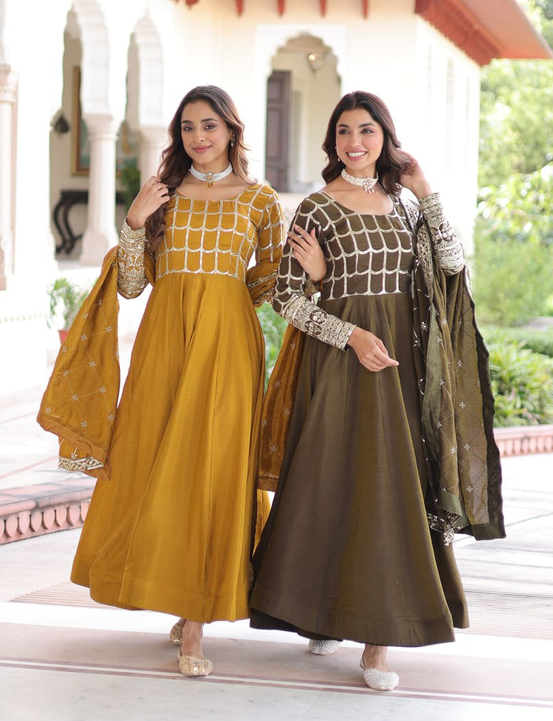 Vichitra Embroidered Gown with Dupatta – Mehendi & Mustard