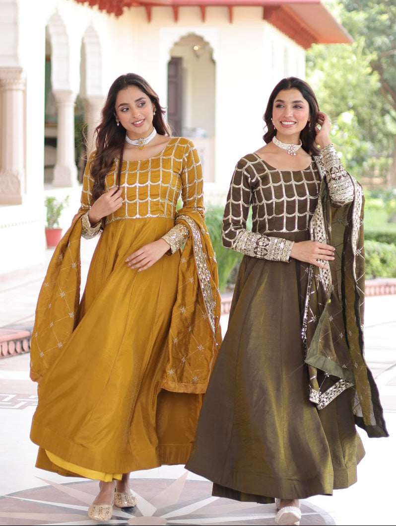 Vichitra Embroidered Gown with Dupatta – Mehendi & Mustard