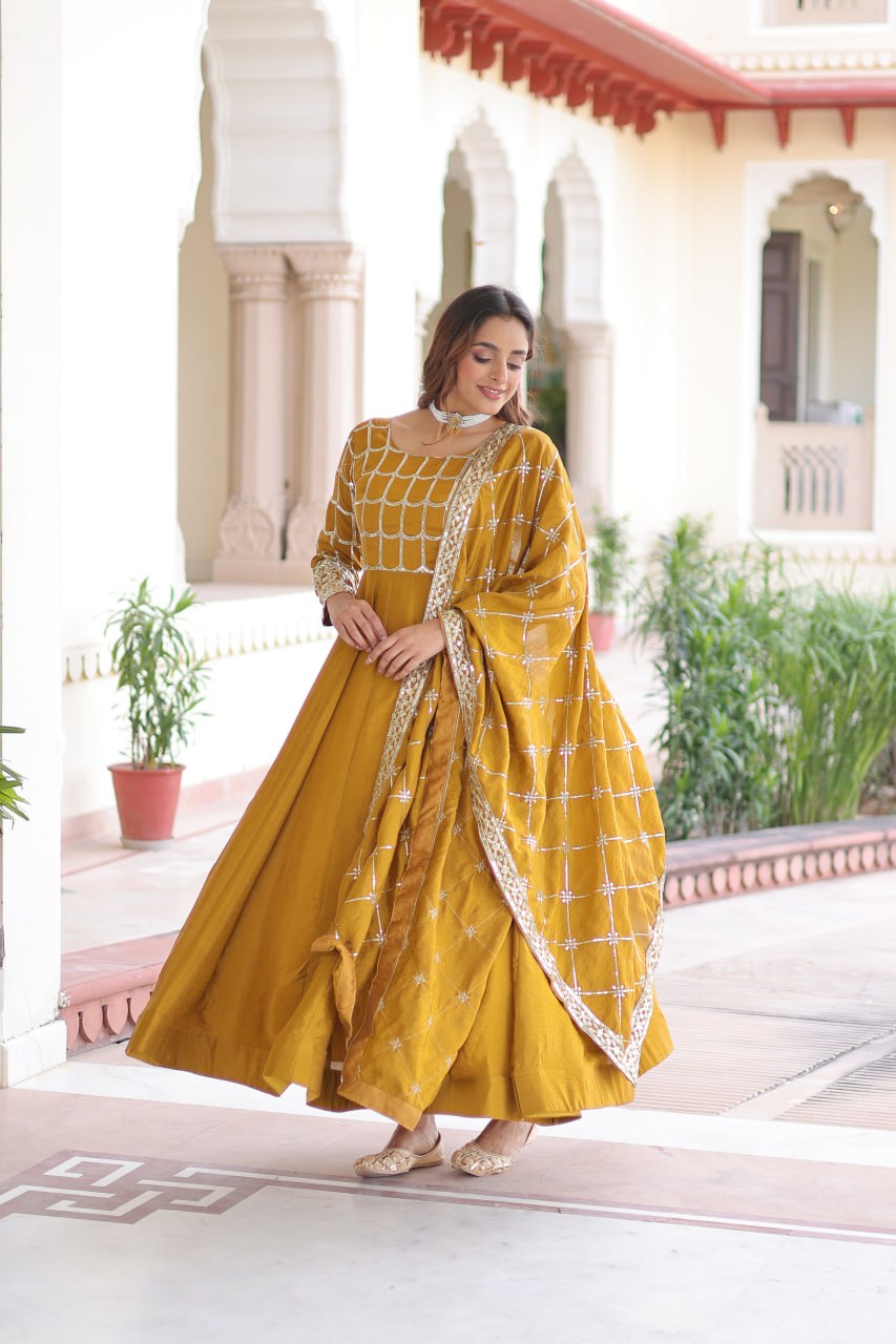 Vichitra Embroidered Gown with Dupatta – Mehendi & Mustard