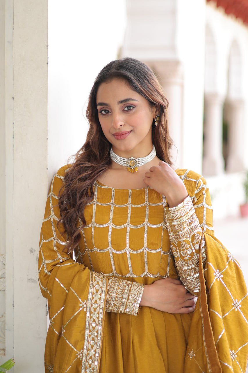 Vichitra Embroidered Gown with Dupatta – Mehendi & Mustard