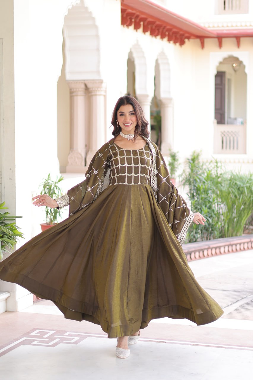 Vichitra Embroidered Gown with Dupatta – Mehendi & Mustard