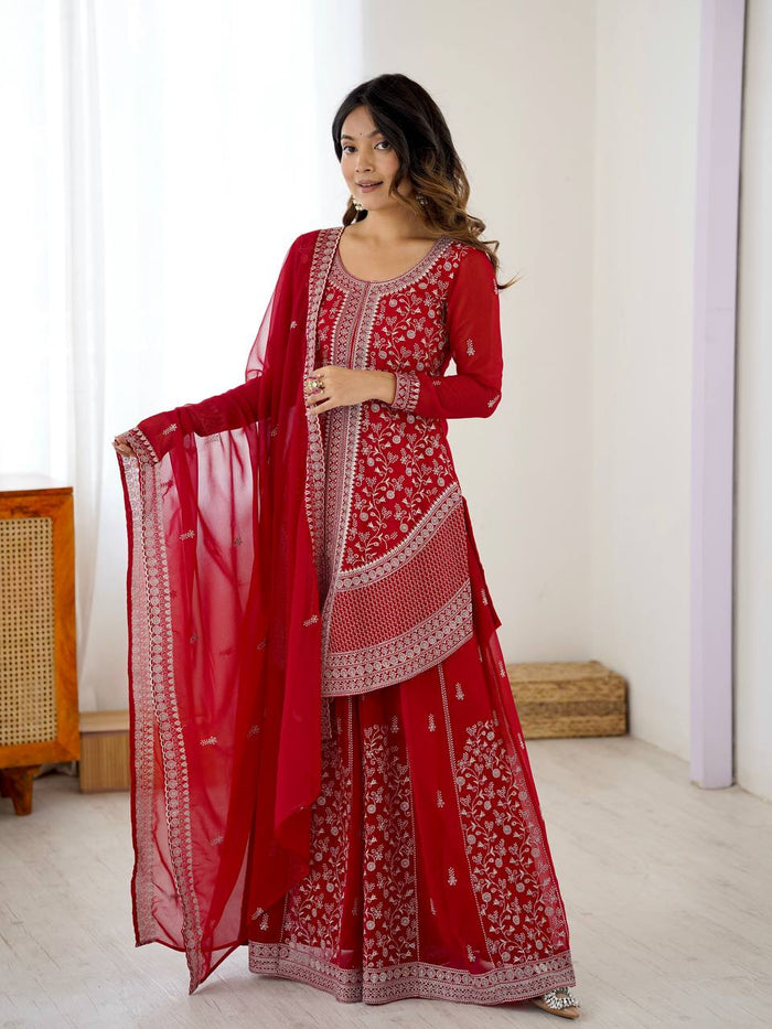 Red embroidered festive outfit from NKV Fashion