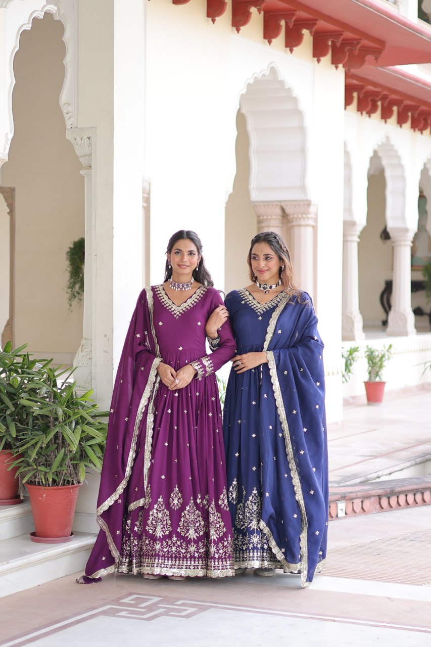 Vichitra Silk Embroidered Gown with Designer Dupatta | Fancy V-Neck | Festive Wear