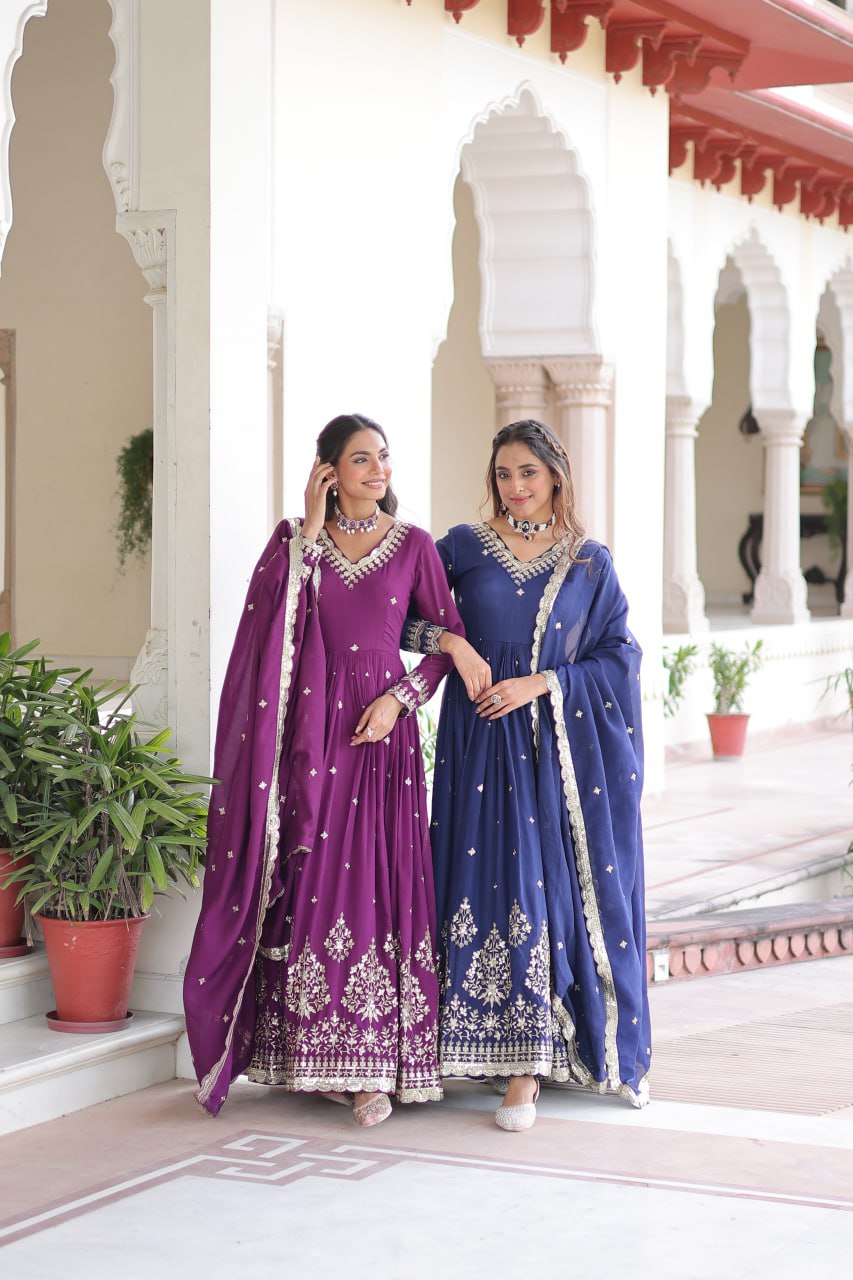 Vichitra Silk Embroidered Gown with Designer Dupatta | Fancy V-Neck | Festive Wear