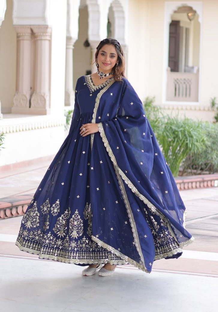 Vichitra Silk Embroidered Gown with Designer Dupatta | Fancy V-Neck | Festive Wear