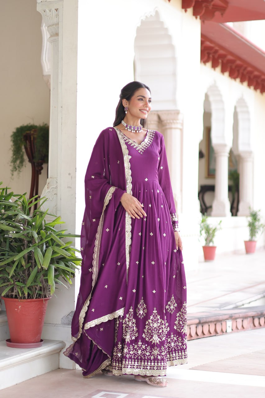 Vichitra Silk Embroidered Gown with Designer Dupatta | Fancy V-Neck | Festive Wear