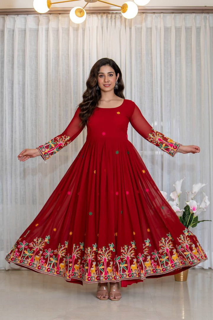 Red flared embroidered Anarkali style from NKV Fashion