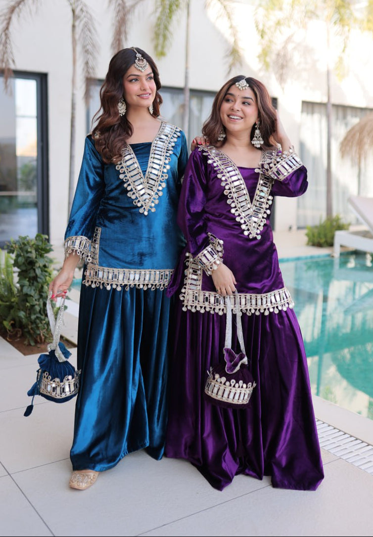 PREMIUM ICE VELVET KURTA PALAZZO SET WITH BATWA