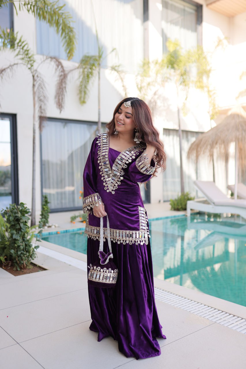PREMIUM ICE VELVET KURTA PALAZZO SET WITH BATWA
