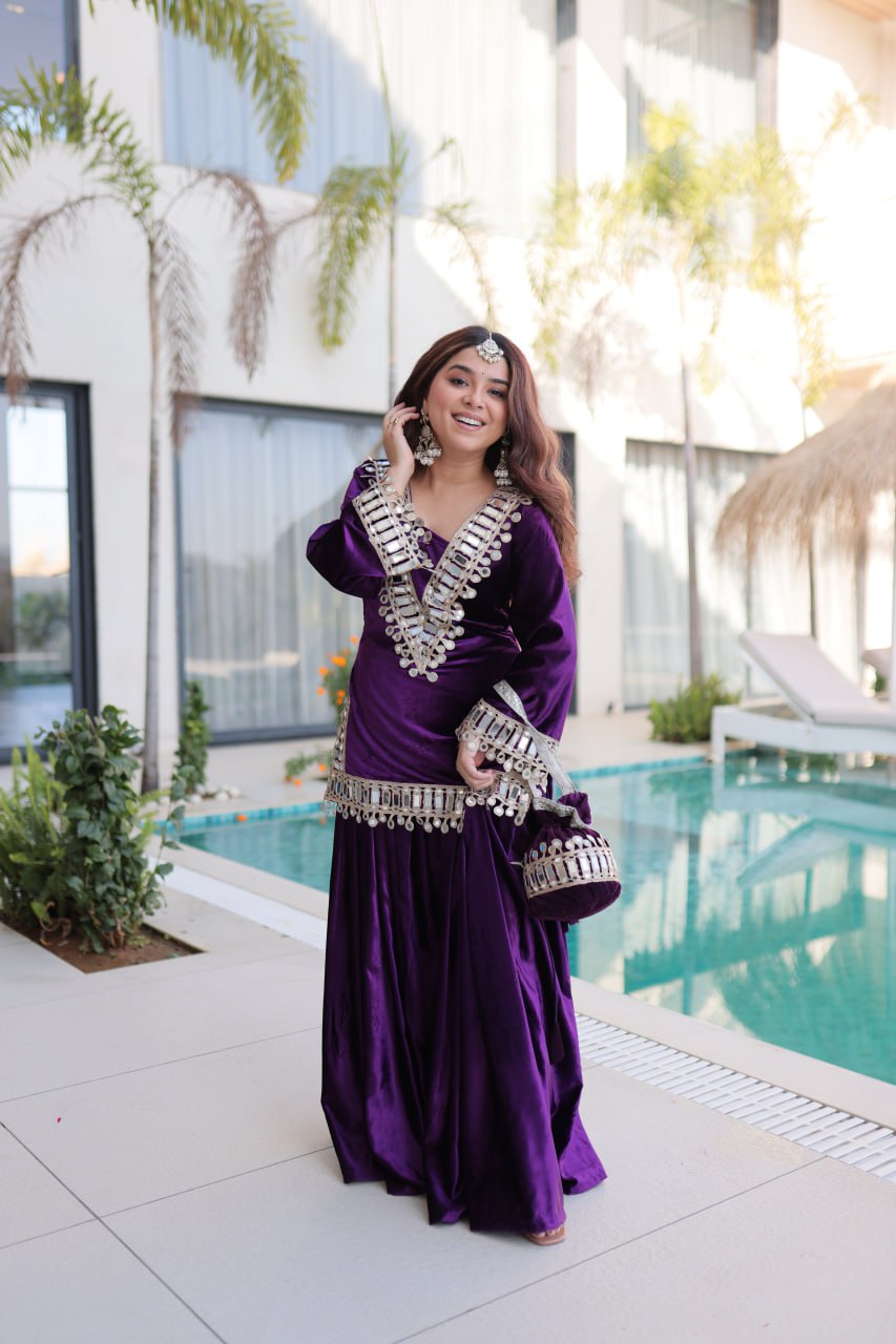 PREMIUM ICE VELVET KURTA PALAZZO SET WITH BATWA