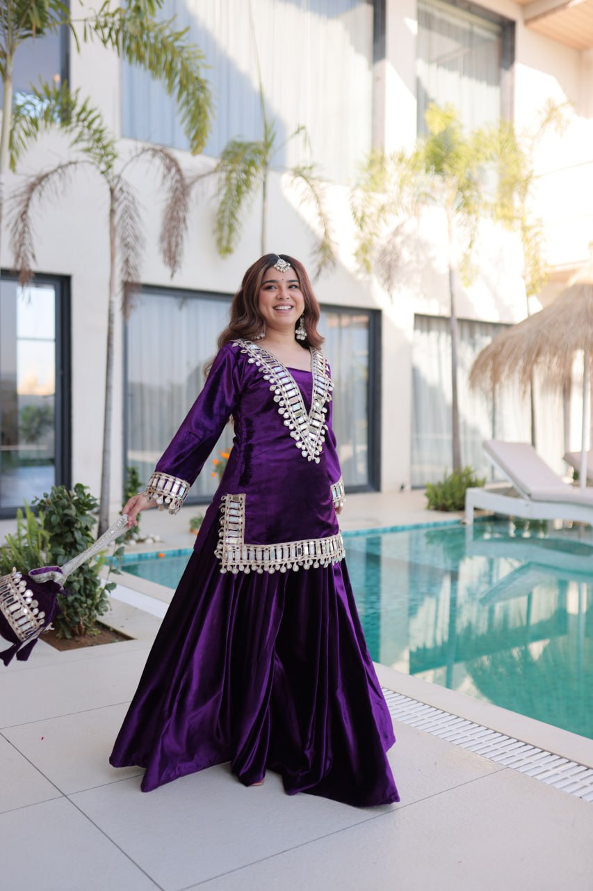 PREMIUM ICE VELVET KURTA PALAZZO SET WITH BATWA