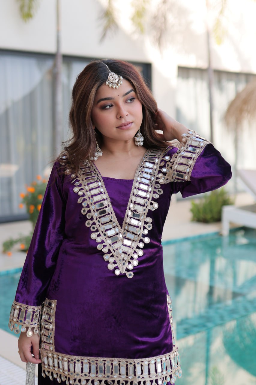 PREMIUM ICE VELVET KURTA PALAZZO SET WITH BATWA