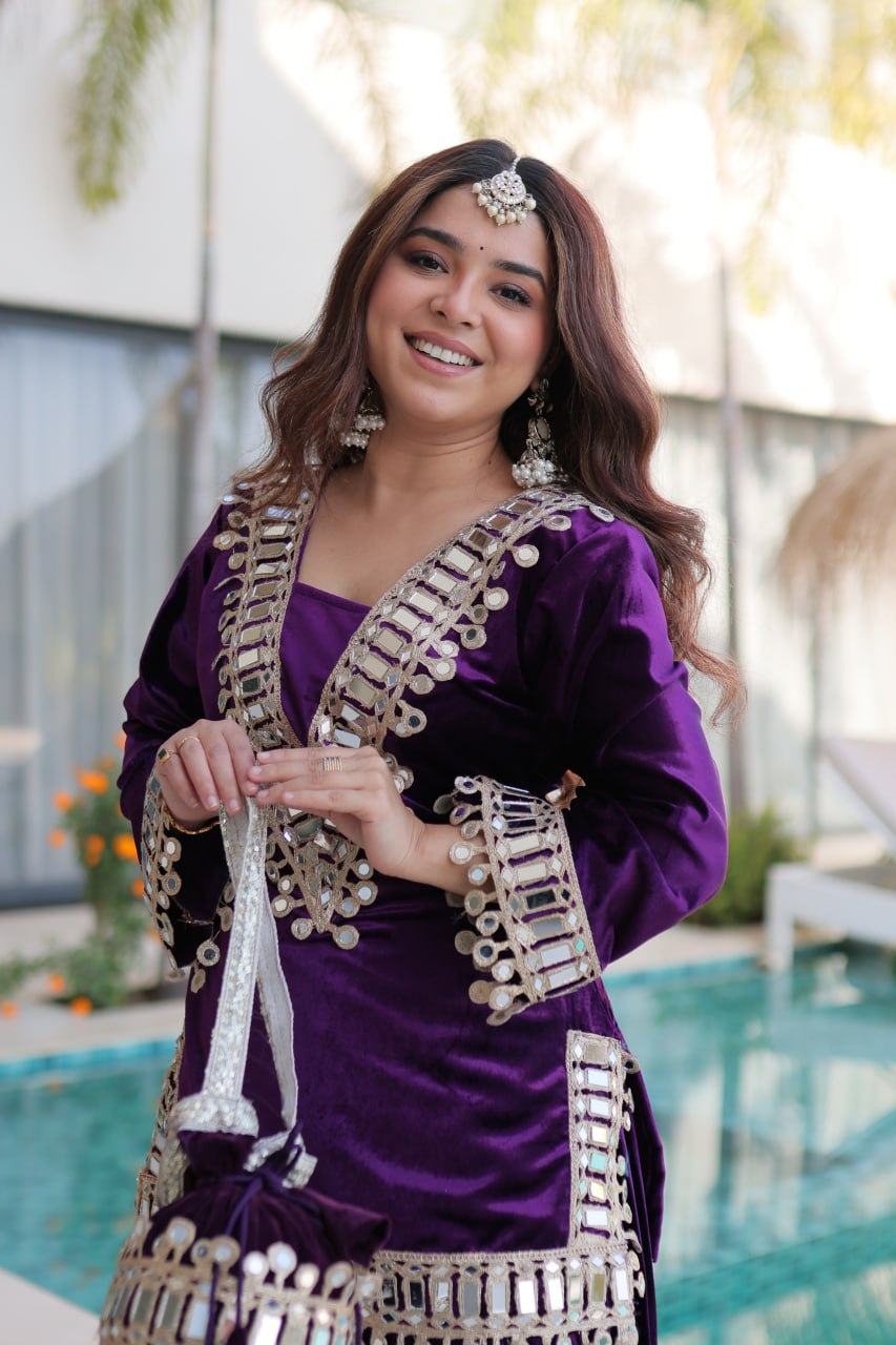 PREMIUM ICE VELVET KURTA PALAZZO SET WITH BATWA