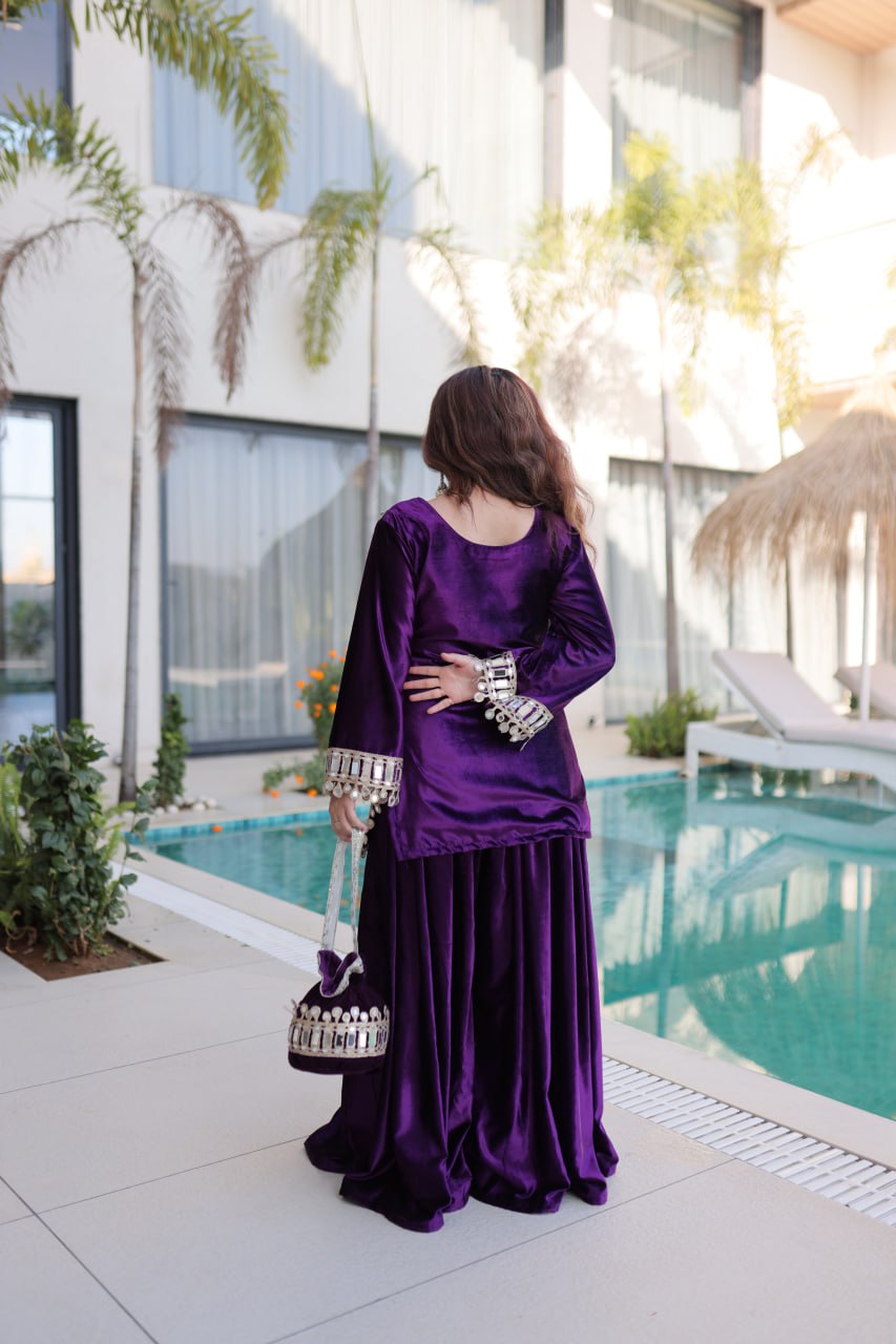 PREMIUM ICE VELVET KURTA PALAZZO SET WITH BATWA