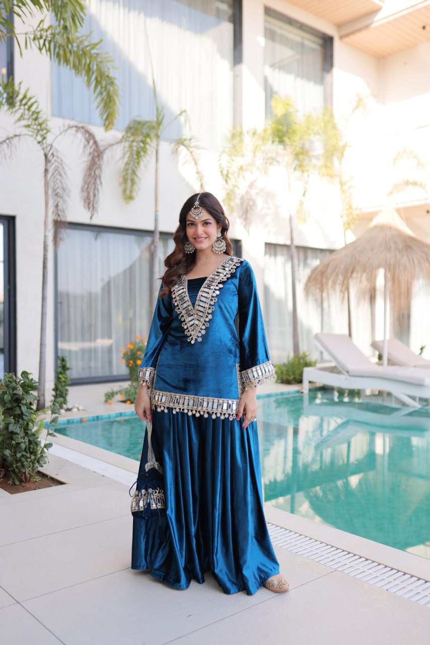 PREMIUM ICE VELVET KURTA PALAZZO SET WITH BATWA