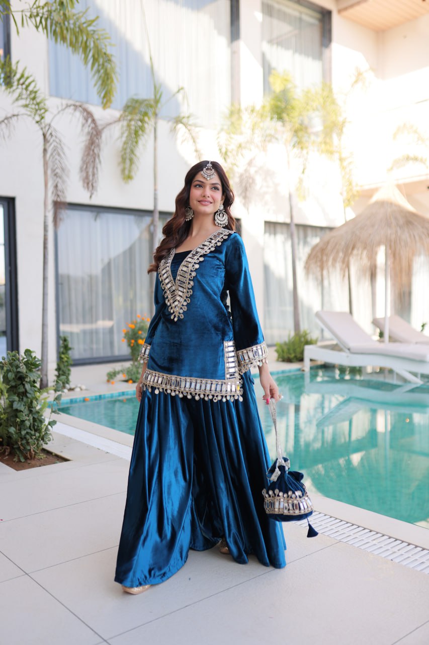 PREMIUM ICE VELVET KURTA PALAZZO SET WITH BATWA