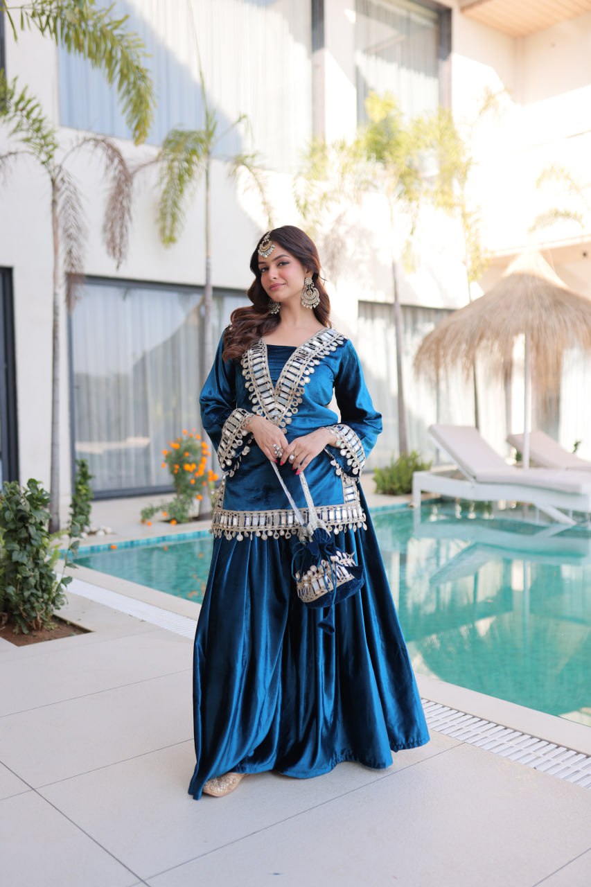 PREMIUM ICE VELVET KURTA PALAZZO SET WITH BATWA