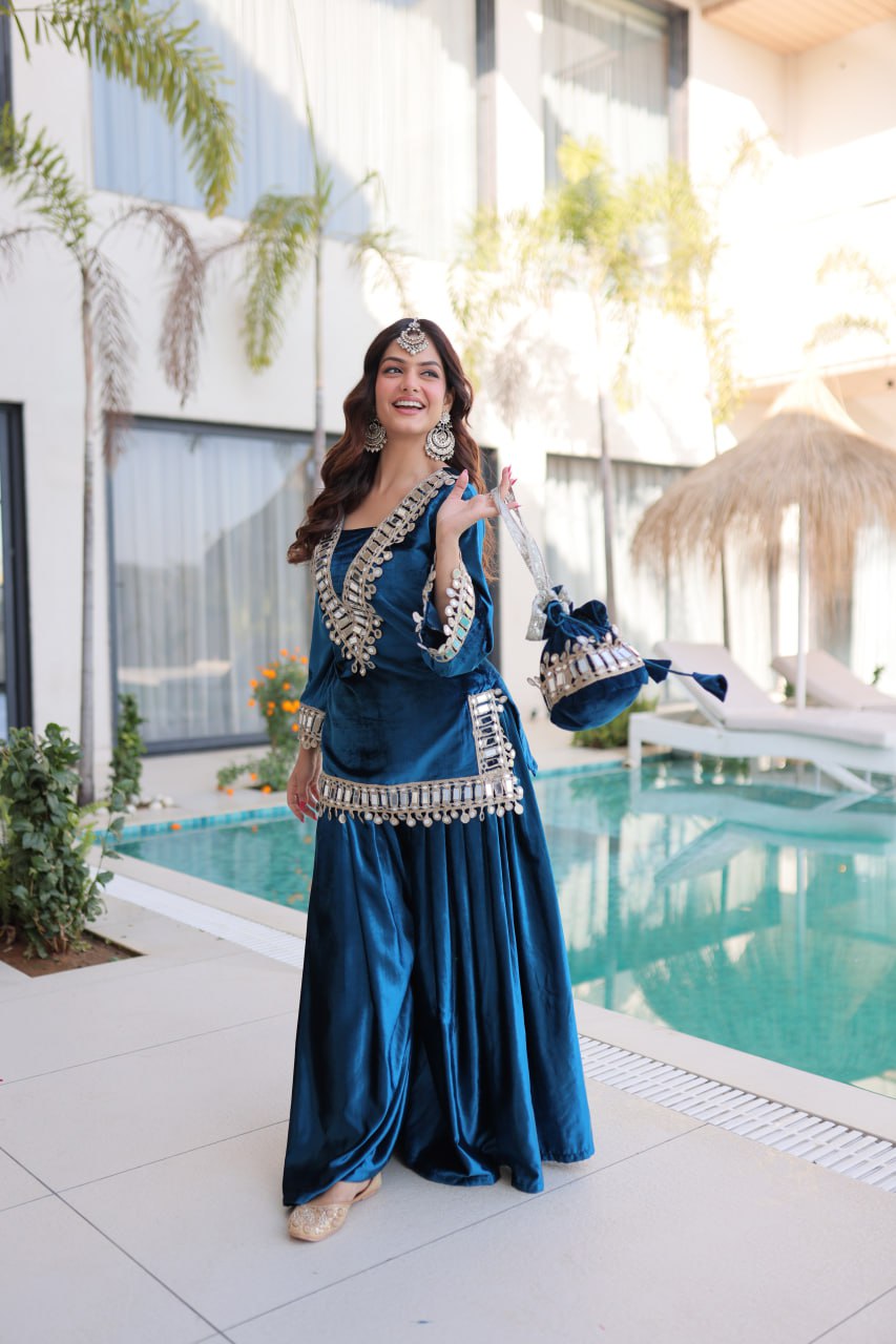PREMIUM ICE VELVET KURTA PALAZZO SET WITH BATWA