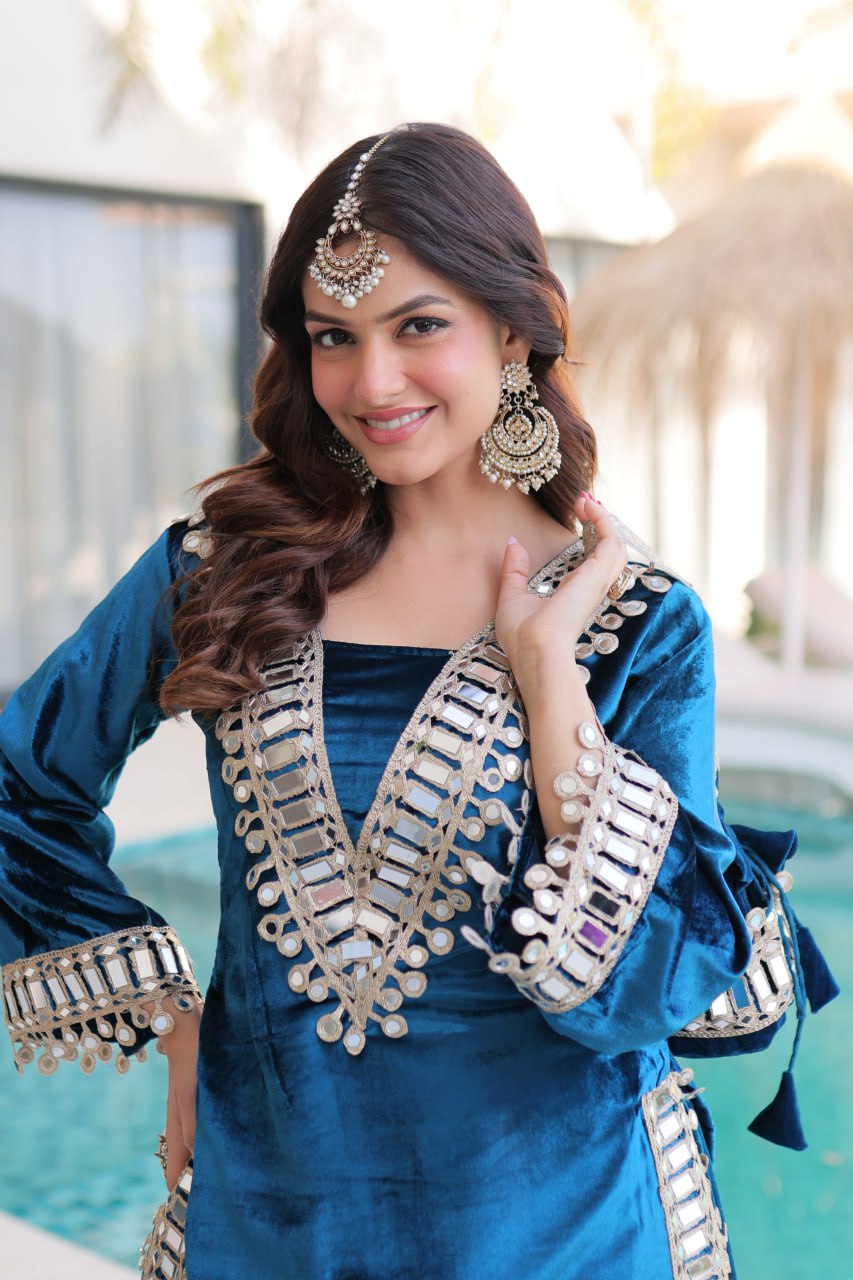 PREMIUM ICE VELVET KURTA PALAZZO SET WITH BATWA