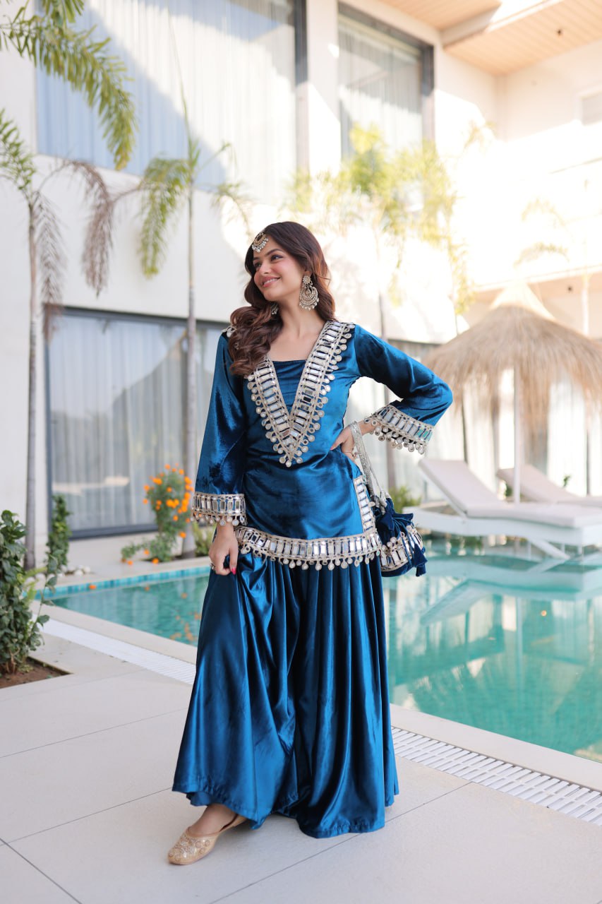 PREMIUM ICE VELVET KURTA PALAZZO SET WITH BATWA